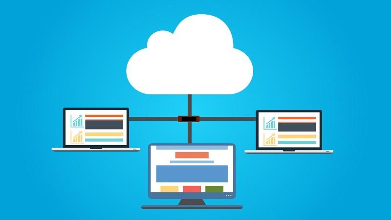 An illustration of three computer monitors linked to a cloud