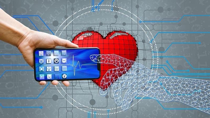 An illustration of a digital arm reaching out to touch a screen of apps, superimposed over a heart