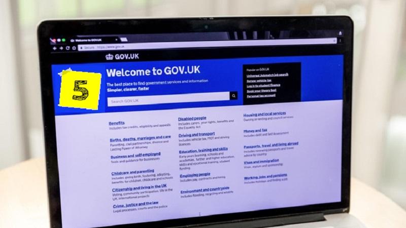 An image of a GOV.UK webpage on a laptop screen, to which is attached a sticky note with the number five on it