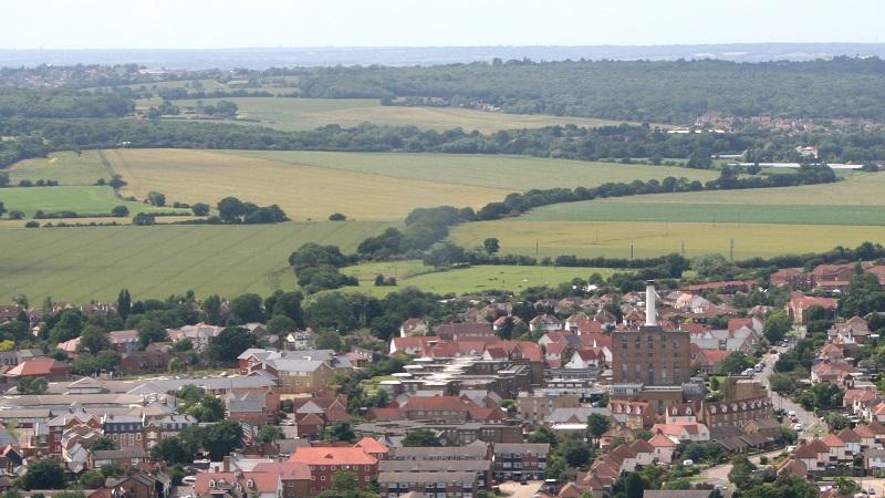An aerial view of the town of Rochford in Essex