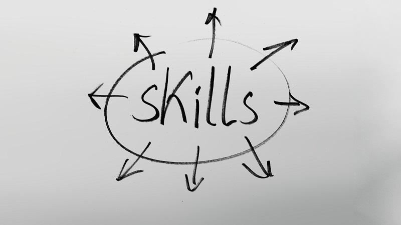An image of a whiteboard with the word &#039;Skills&#039; written in a central box with arrows emanating from it