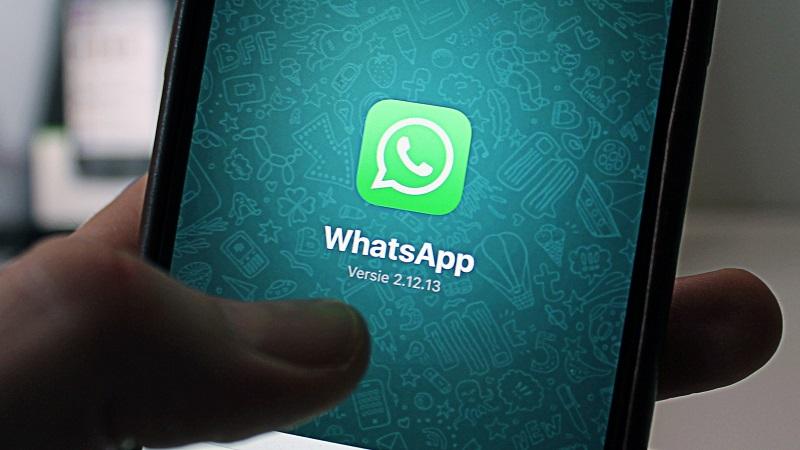 A close-up image of the WhatsApp logo and background displayed on a smartphone screen