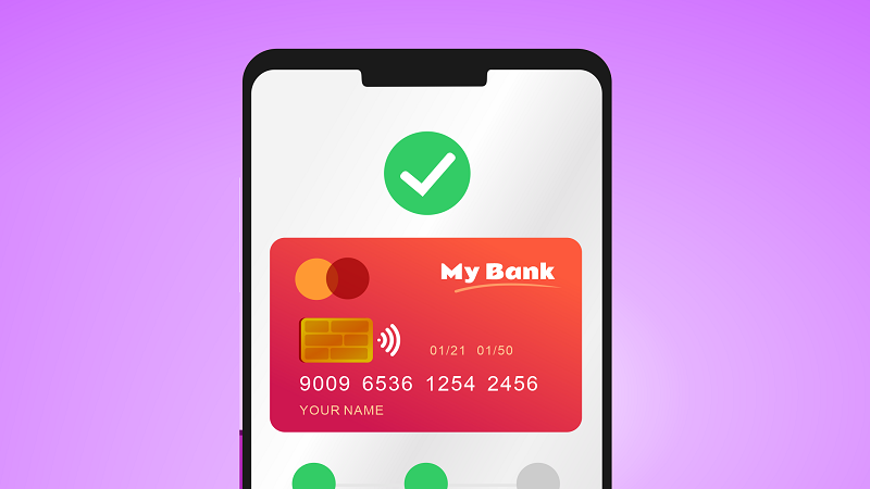 An illustration of a phone displaying a bank card making a payment