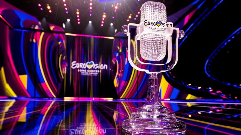 An image of the Eurovision Song Contest at the front of an empty stage