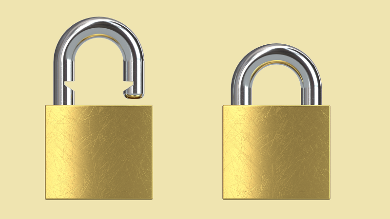 An image of two padlocks - one open and the other closed 